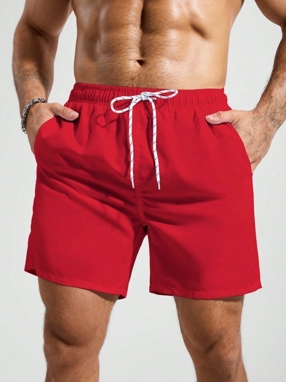 Red Sports Men's Elastic Waist Drawstring Pocket Beach Shorts